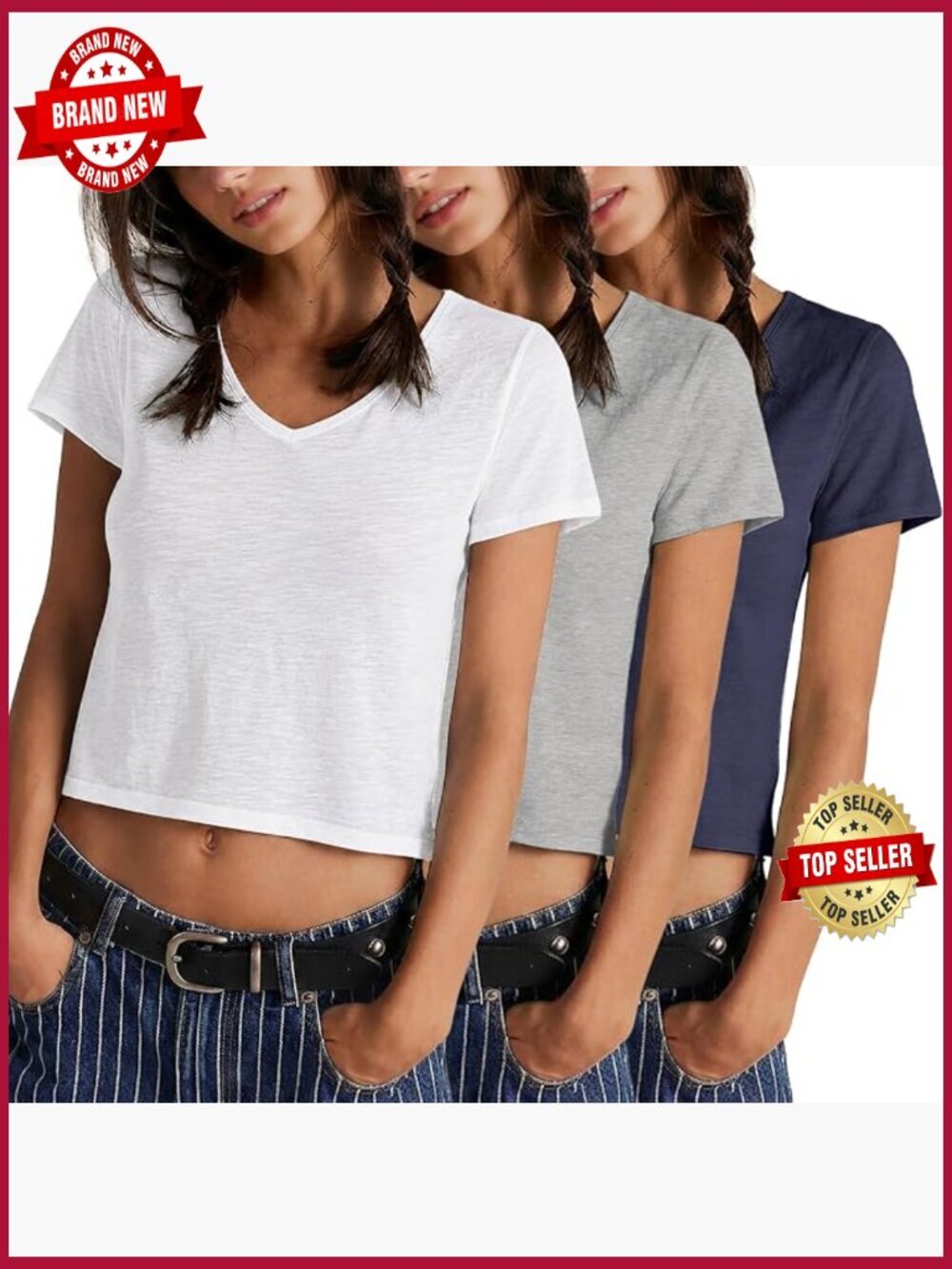 3 Pack V Neck Crop Tops Slub Cotton Short Sleeve Tee Summer Fashion Basic T